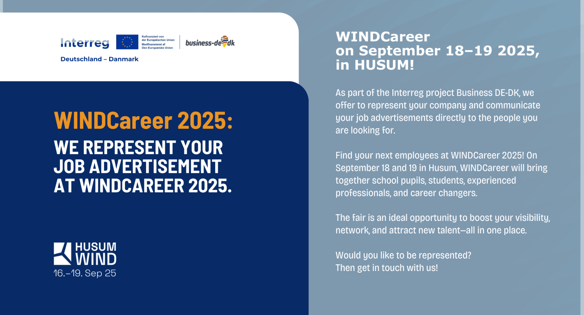 A blue and white poster promotes WINDCareer 2025 at Husum, Germany, on September 18–19, inviting companies to represent job ads and connect with students, professionals, and career changers at the fair during Husum Wind.