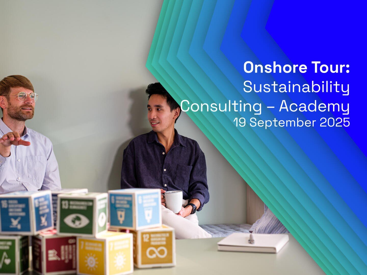 Two men sit in conversation in a modern office with colorful sustainability pads on the table. The text reads: Onshore Tour: Sustainability Consulting - Academy, September 19, 2025 on a blue and green geometric background.