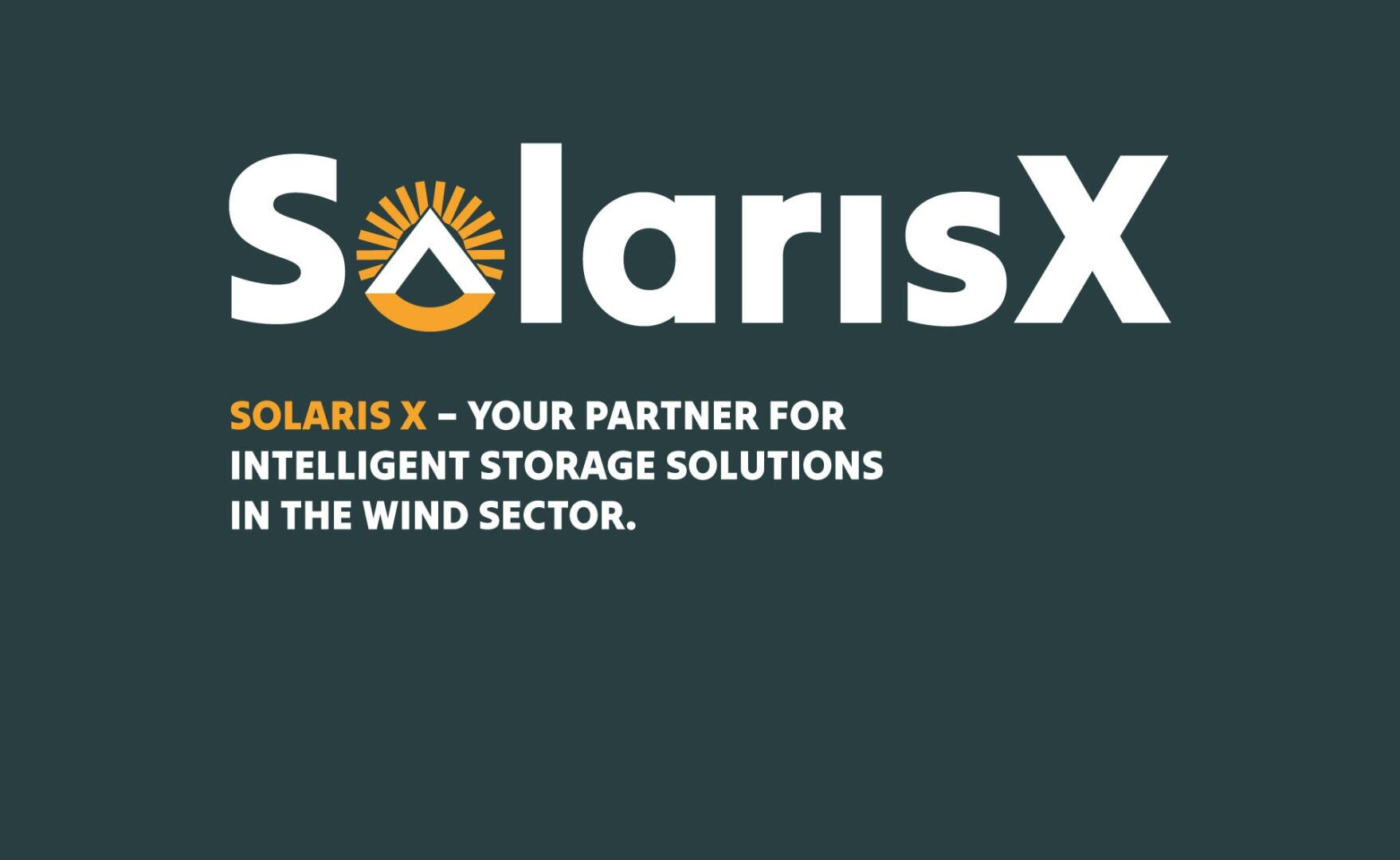 Dark green background with the SolarisX logo, featuring a stylized sun above the letter a. Text reads: SOLARIS X – Your partner for intelligent storage solutions in the wind sector.