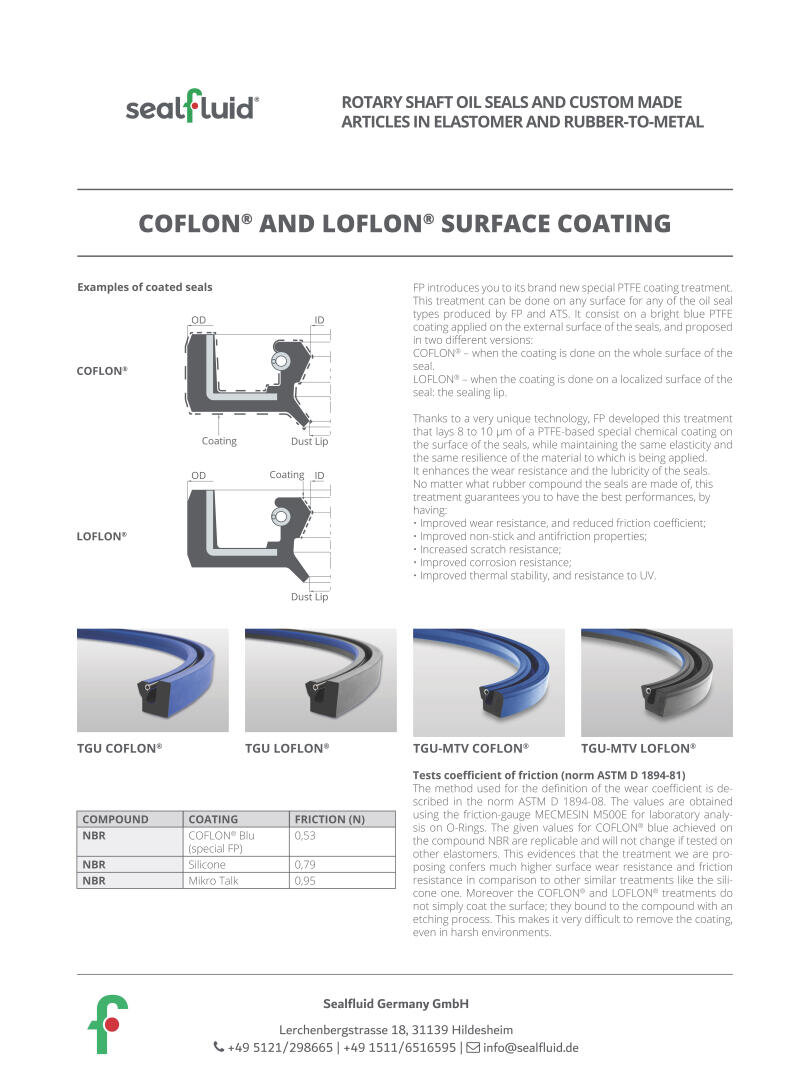 An informational flyer with diagrams and text explaining COFLON® and LOFLON® surface coatings for rotary shaft oil seals, showing examples of coated seals and their friction test results, with Sealfluid branding and contact information.