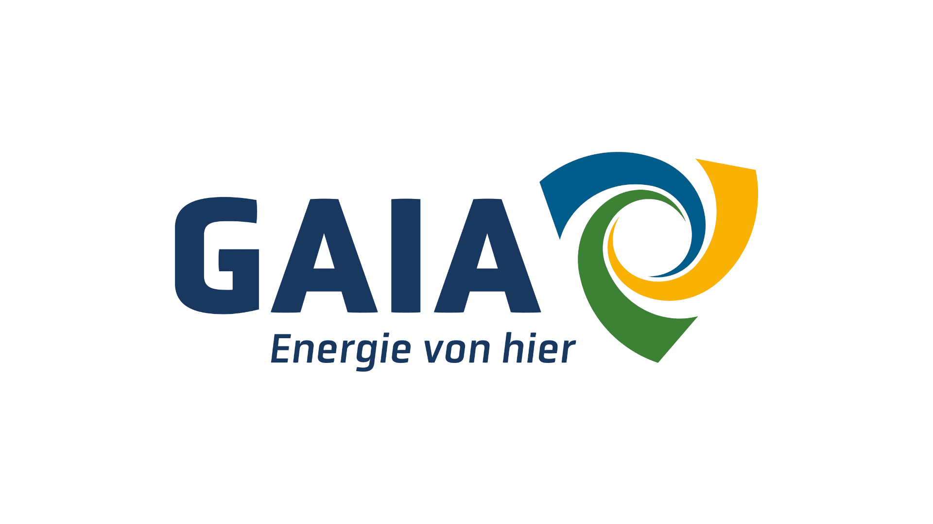GAIA-Logo mit dem Text Energie von hier unten, neben einem wirbelnden, dreiteiligen Symbol in Blau, Grün und Gelb auf weißem Hintergrund.