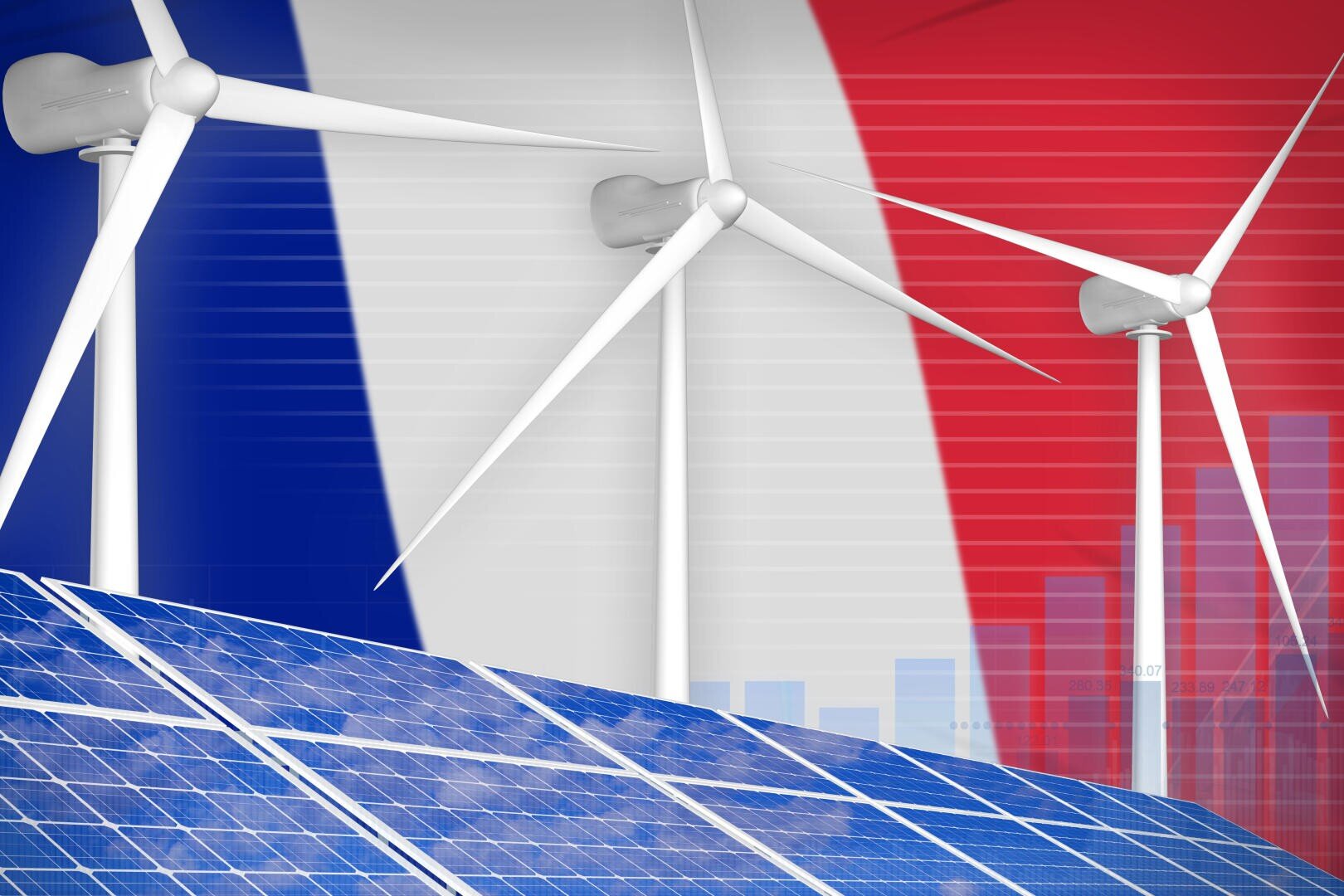 Wind turbines and solar panels in front of the French flag as a symbol of renewable energy and the development of clean energy in France.