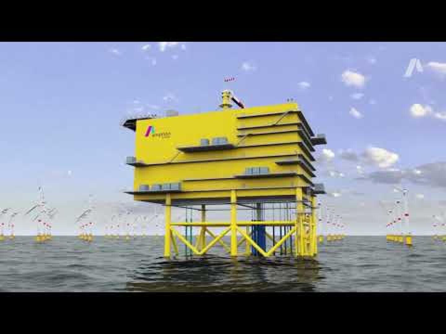Eine große, gelbe Offshore-Plattform steht auf Stelzen im Meer, umgeben von zahlreichen Windkraftanlagen. Der Himmel ist teilweise bewölkt, und die Plattform trägt ein Firmenlogo an der Seite.
