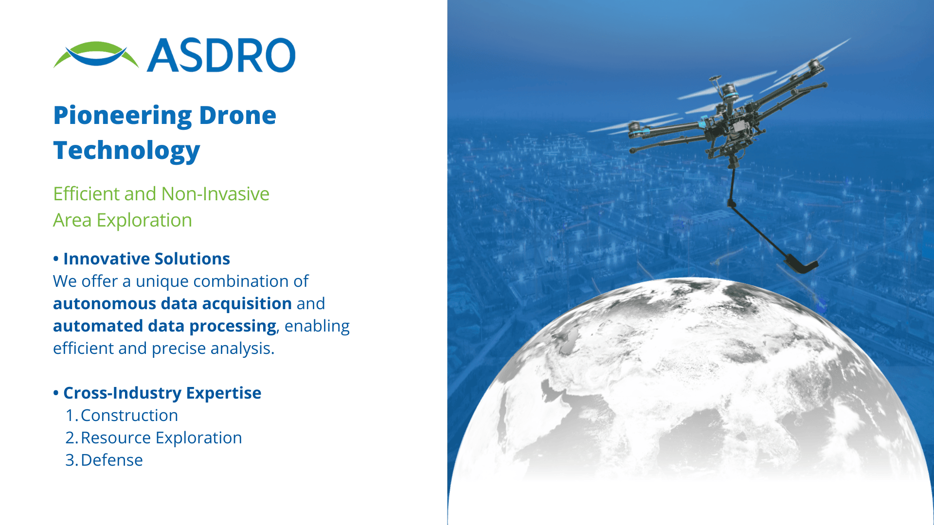 A promotional graphic for ASDRO featuring text about drone technology and a drone lowering equipment toward a digital Earth model, with a cityscape in the background and company branding on the left.
