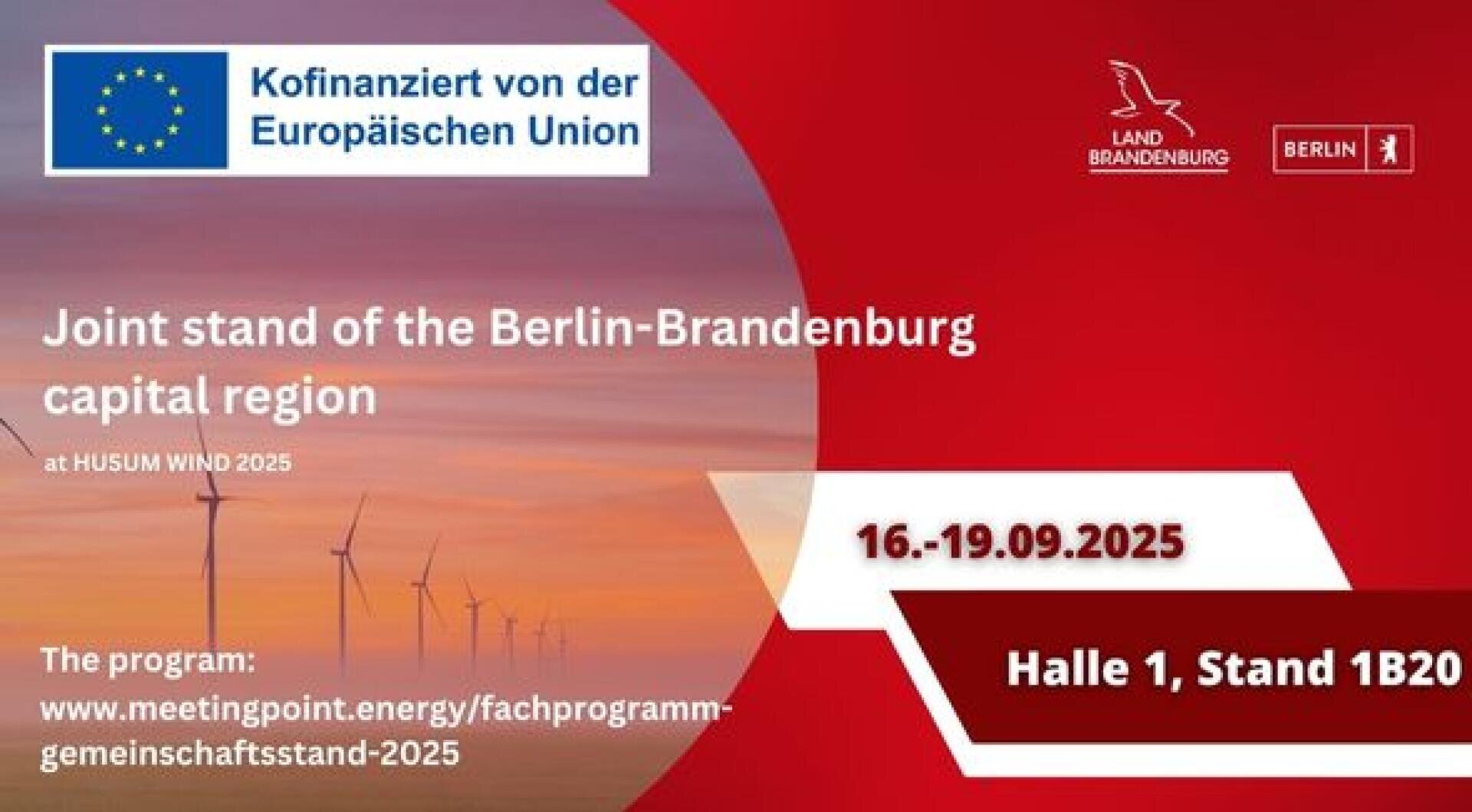 Promotional banner for the Berlin-Brandenburg capital region at HUSUM WIND 2025, featuring wind turbines, event dates (16-19 Sep 2025), and location (Hall 1, Stand 1B20). Includes EU and Land Brandenburg logos.