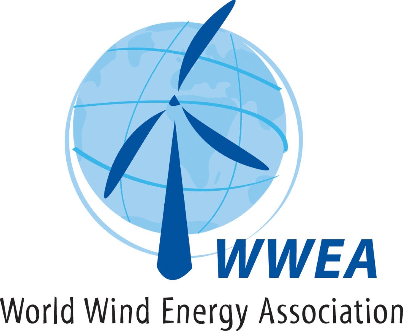 Logo of the World Wind Energy Association with a stylized blue wind turbine above a globe with latitude and longitude and the text WWEA World Wind Energy Association below.