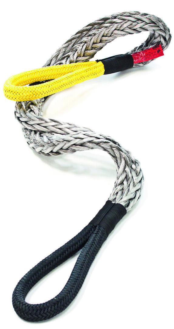 A thick, braided synthetic rope with a black loop at one end and a yellow loop at the other, both reinforced with protective sleeves, is wound in an S-shape on a white background.