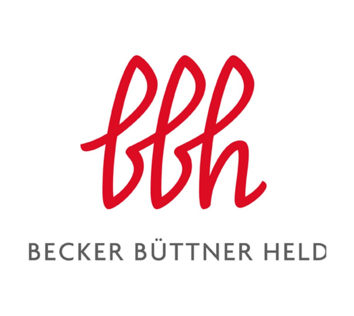 Das Logo zeigt die stilisierten roten Kleinbuchstaben bbh über dem grauen Text BECKER BÜTTNER HELD auf weißem Hintergrund.