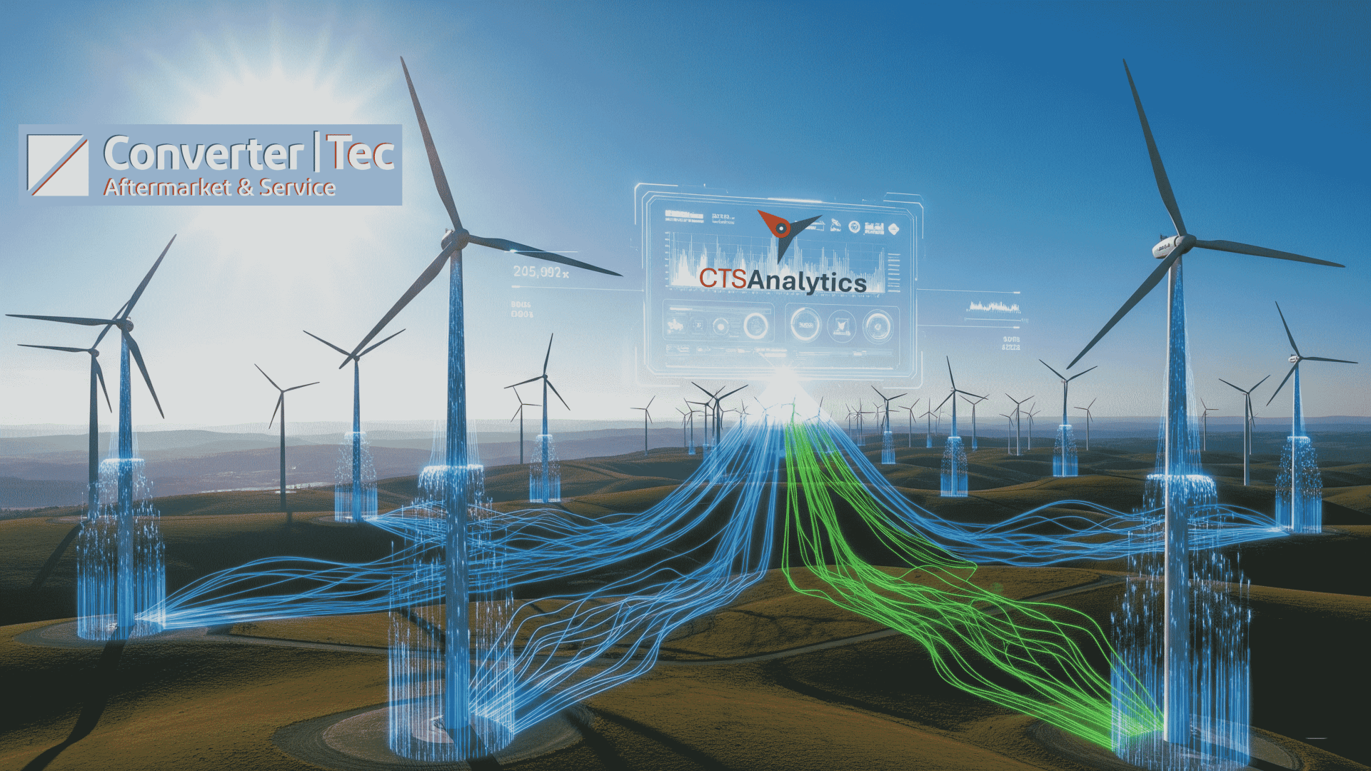 Digitales Rendering eines Windparks mit virtuellen Datenströmen, die die Turbinen verbinden, futuristischen Schnittstellen-Overlays und Logos für ConverterTec und CTS Analytics im Himmel. Die Landschaft ist sonnig mit sanften Hügeln.
