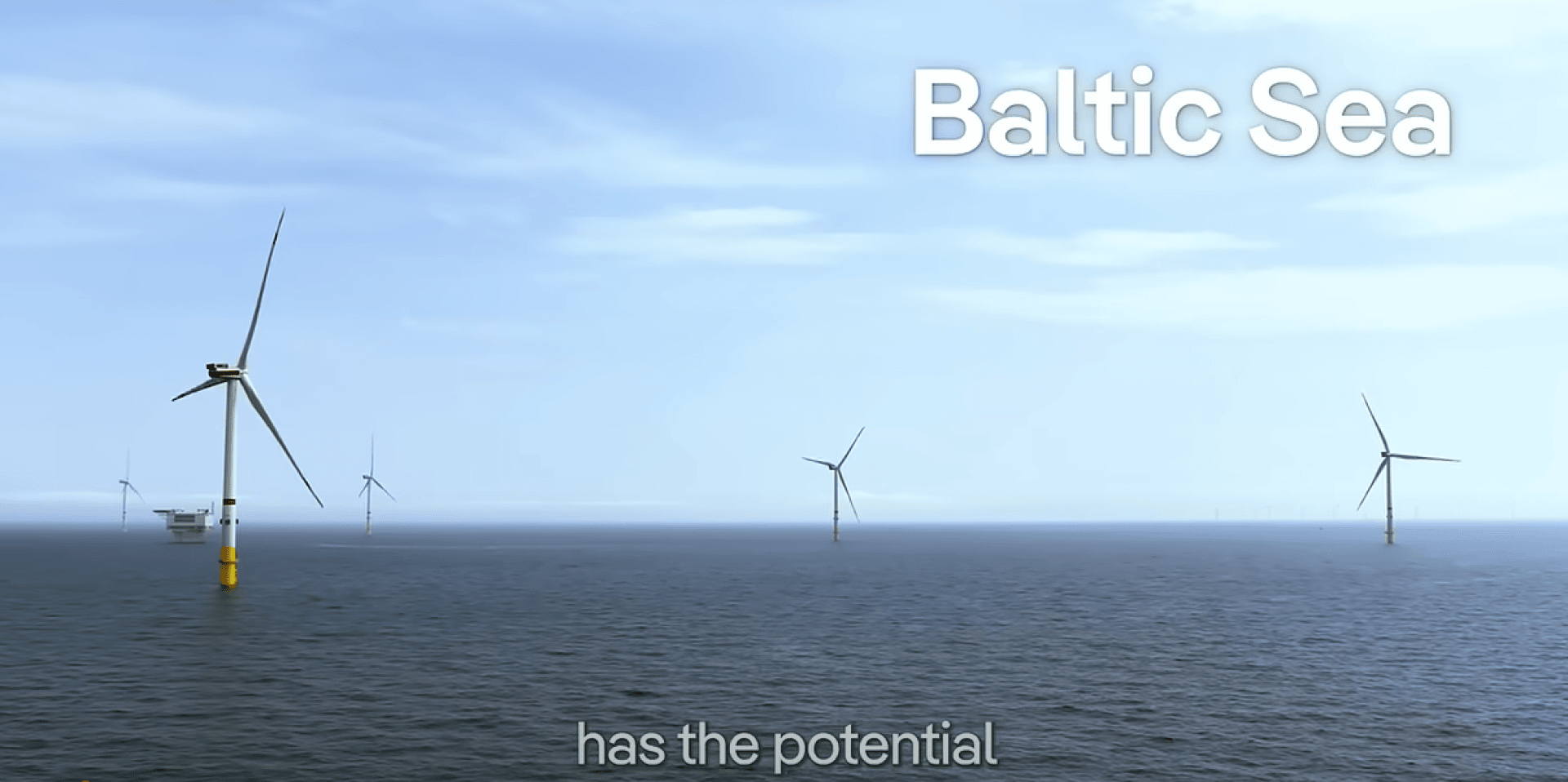 Several offshore wind turbines stand in the calm blue waters of the Baltic Sea under a clear sky, with the words Baltic Sea and the caption has the potential overlaid on the image.