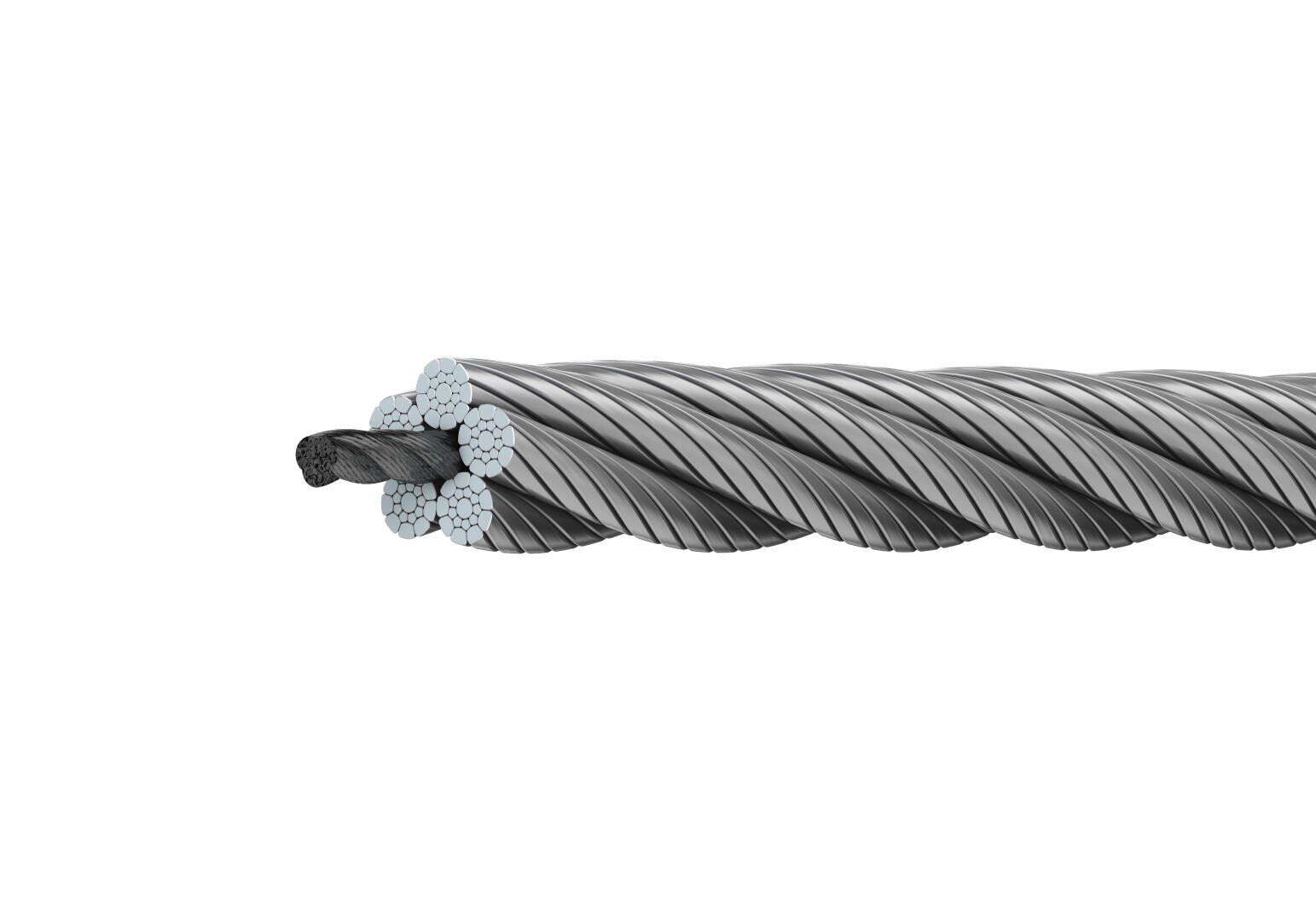 Close-up of a steel wire rope with several twisted strands, one end slightly frayed and separated to show the individual wires inside. The background is plain white.