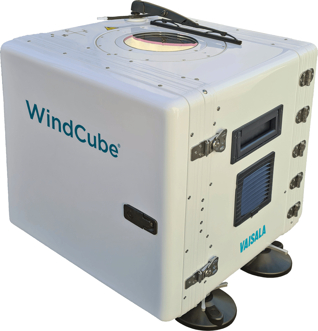 A white, cube-shaped WindCube device by Vaisala with suction feet, control panels, and a circular component on top, used for wind measurement and analysis.