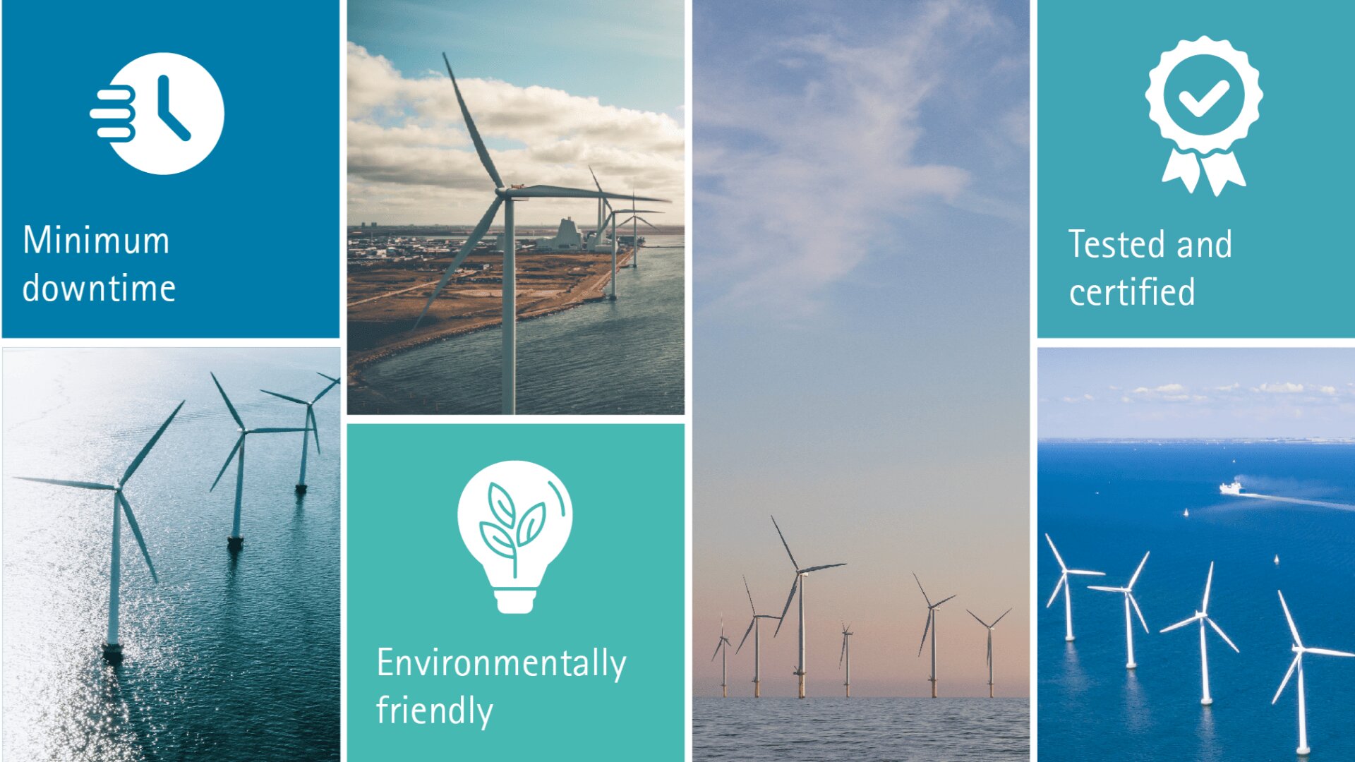 Collage of offshore wind turbines at sea, with icons and text: Minimum downtime (clock icon), Environmentally friendly (lightbulb icon), and Tested and certified (ribbon icon), promoting wind energy benefits.