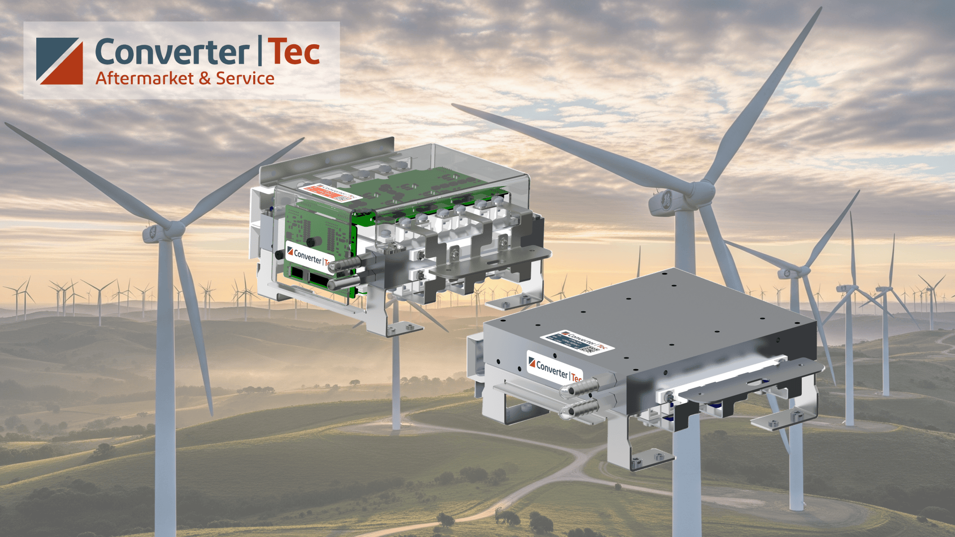 Zwei elektrische Umrichtereinheiten mit dem ConverterTec-Logo sind vor einer Landschaft mit Windkraftanlagen bei Sonnenuntergang zu sehen. In der linken oberen Ecke ist das Logo von ConverterTec Aftermarket & Service zu sehen.