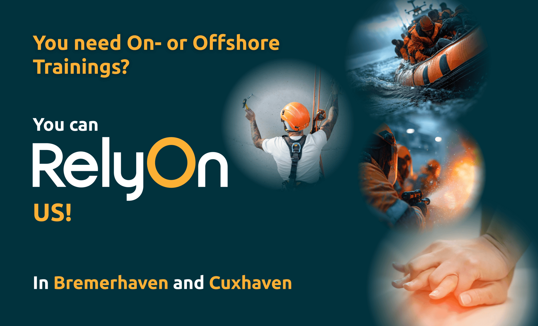 An advertising graphic for offshore training with the text: Do you need onshore or offshore training? You can rely on US! In Bremerhaven and Cuxhaven. Includes images of workers, a lifeboat and people giving first aid.