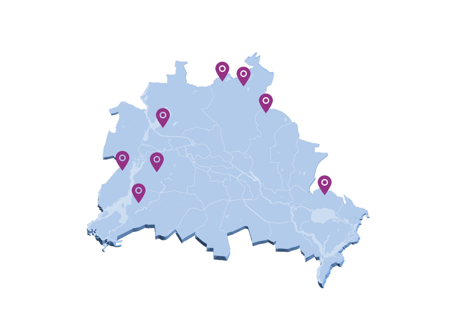 Eine hellblaue Karte mit weißen Linien, die Regionen und Straßen markieren, mit sechs violetten Stecknadeln, die über verschiedene Bereiche der Karte verteilt sind.