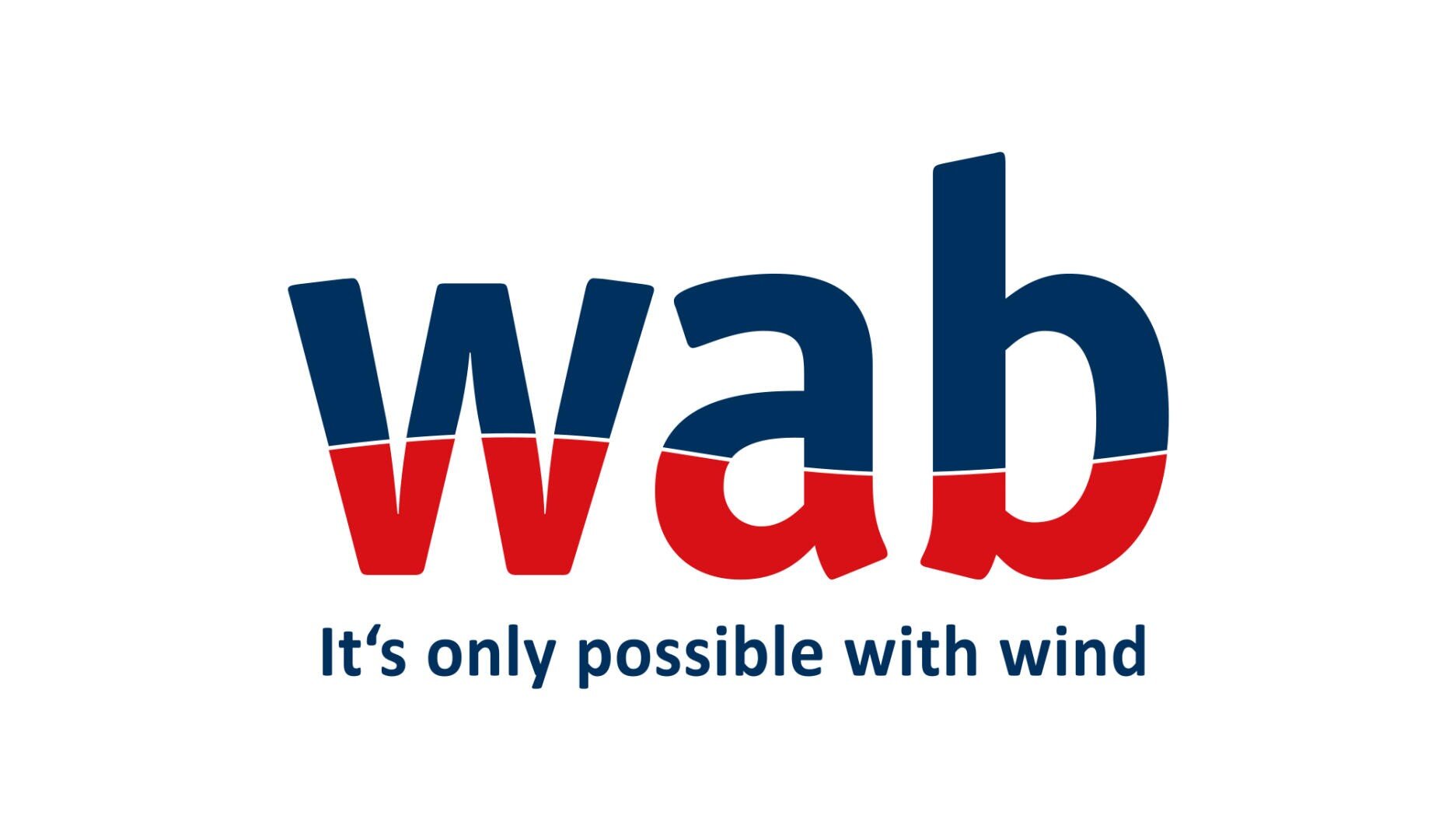 The image displays the logo wab in large, blue and red lowercase letters, with the tagline Its only possible with wind written below in blue.