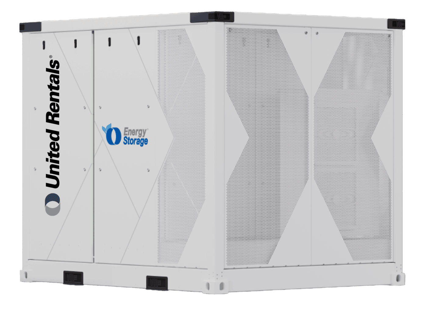 Ein großer weißer Energiespeicher mit dem United Rentals-Logo und einem Energiespeicher-Etikett an der Seite in einem modernen, industriellen Design.