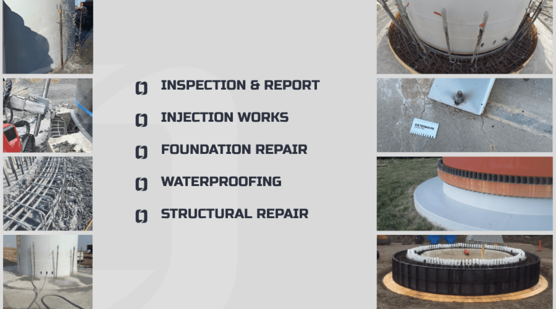 A list of industrial repair services is shown in bold text, surrounded by photos of construction and repair work, including rebar installation, concrete pouring, waterproofing, and structural repairs on large tanks.