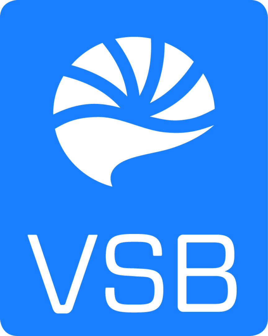 Blaues Logo mit einem weißen abstrakten Symbol, das einer aufgehenden Sonne über einem geschwungenen Weg ähnelt, mit den fetten weißen Buchstaben VSB darunter.