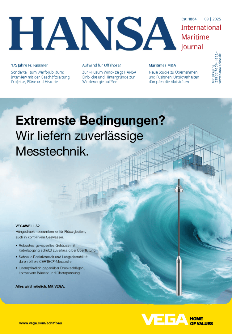 Das Titelbild des Magazins HANSA zeigt eine Offshore-Plattform in rauer See und einen industriellen Sensor. Der Text hebt zuverlässige Messtechnik für extreme Bedingungen hervor. Das VEGA-Logo befindet sich am unteren Rand.