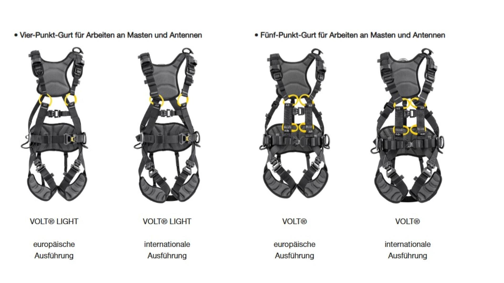 Four safety harnesses labeled “VOLT® LIGHT” and “VOLT®” are shown, each with different strap and buckle configurations for working on masts and antennas. Text in German indicates European and international versions.