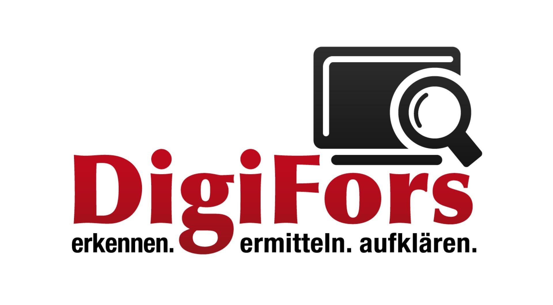 Logo for DigiFors with a computer screen with a magnifying glass symbol and the text DigiFors in large red letters. Below it are the words recognize. investigate. enlighten. in black letters.