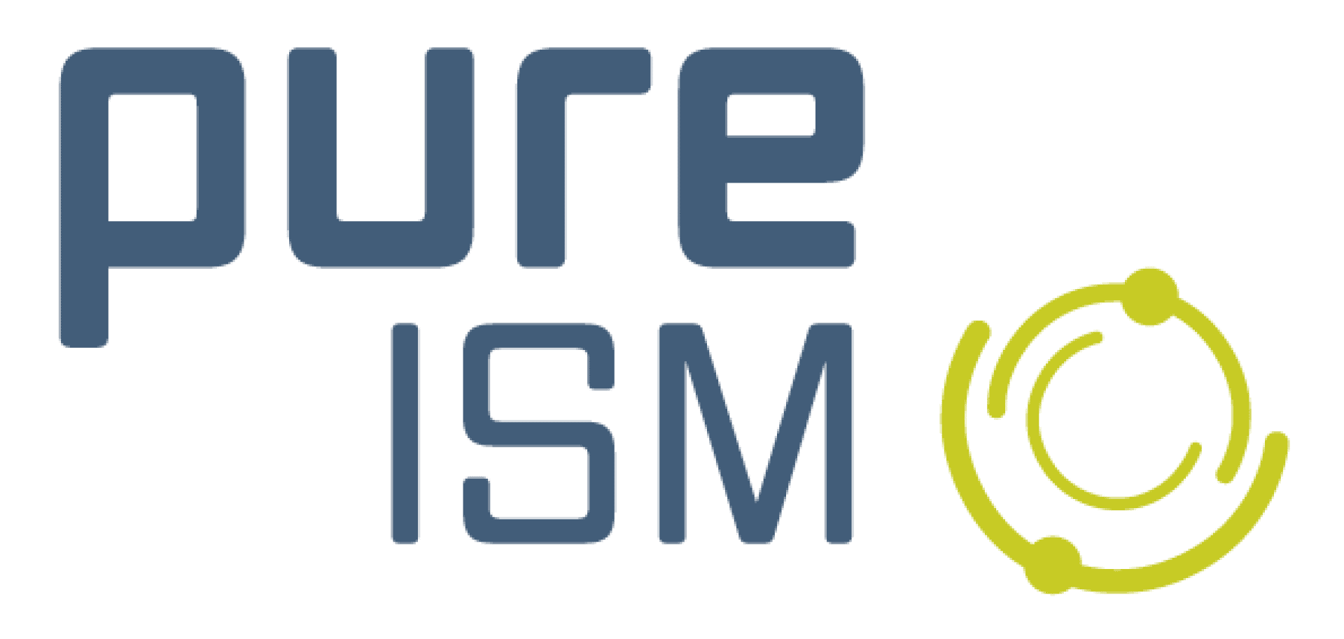 Logo with the lettering pure ISM in blue lower and upper case letters, next to it a lime green abstract circular pattern with two dots connected by curved lines.