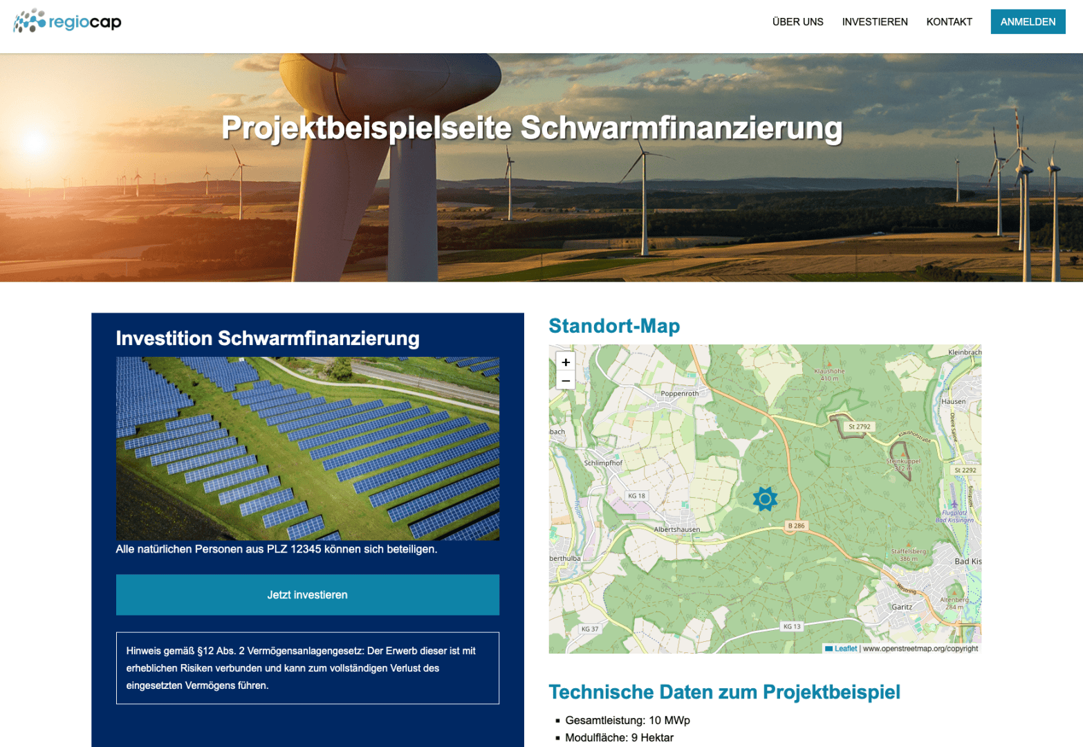 Eine Webseite zeigt einen Windpark im Hintergrund, mit Solarzellen, Investitionsdetails, einer Karte und technischen Projektdaten für ein Crowdfunding-Projekt für erneuerbare Energien. Die Navigationsoptionen befinden sich am oberen Rand.