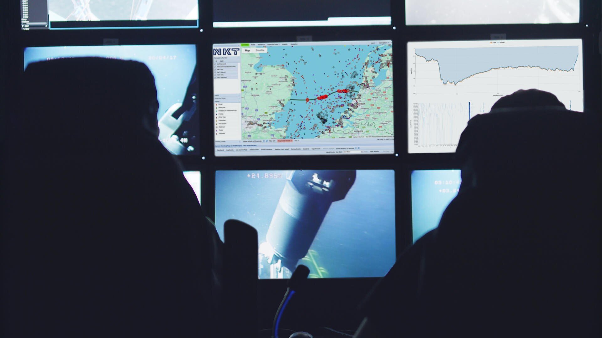 Zwei silhouettierte Personen sitzen vor mehreren Monitoren, auf denen Unterwasseraufnahmen, eine Karte mit einer roten Verfolgungslinie, Seekarten und Daten angezeigt werden, was darauf hindeutet, dass sie einen See- oder Unterwassereinsatz überwachen oder steuern.