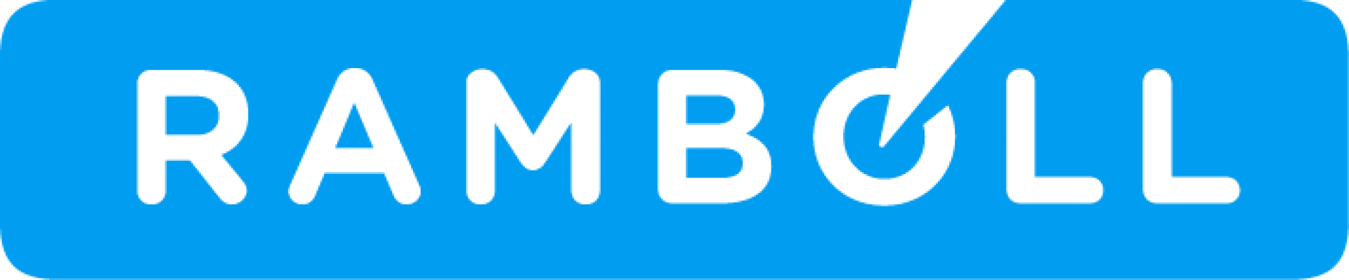 Ramboll logo with white text on a blue background; a white circle and a line form a stylized letter O in the word RAMBOLL.