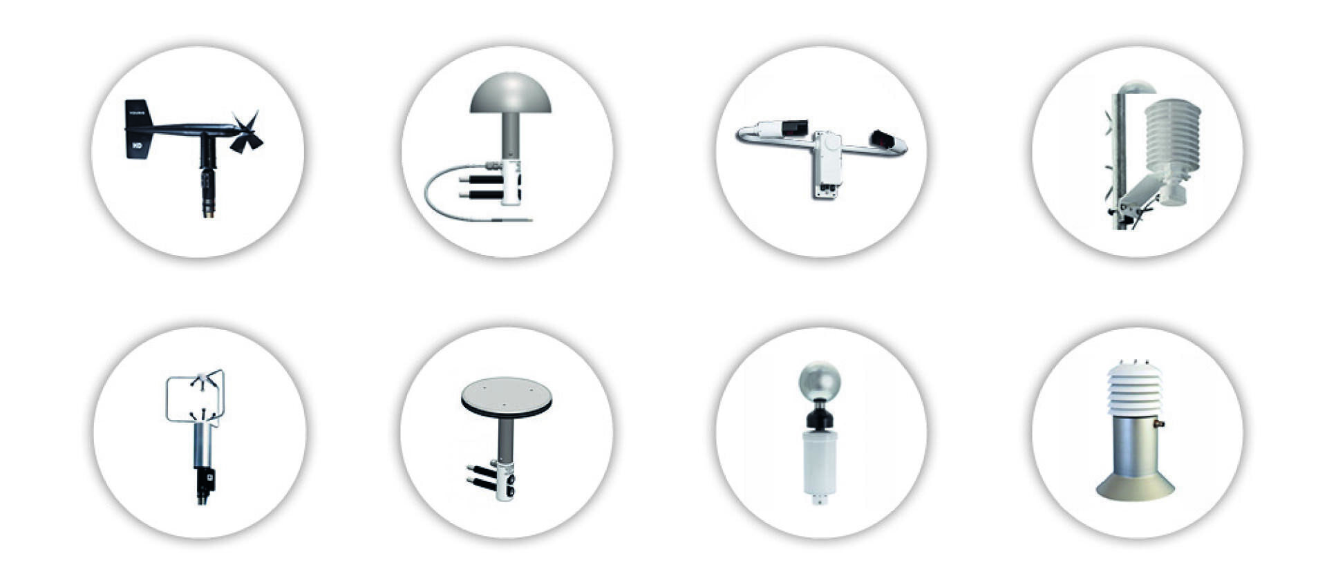 Eight circular icons, each featuring a different type of weather sensor or meteorological instrument, including anemometers, rain gauges, radiation sensors, and temperature/humidity sensors, displayed on a white background.