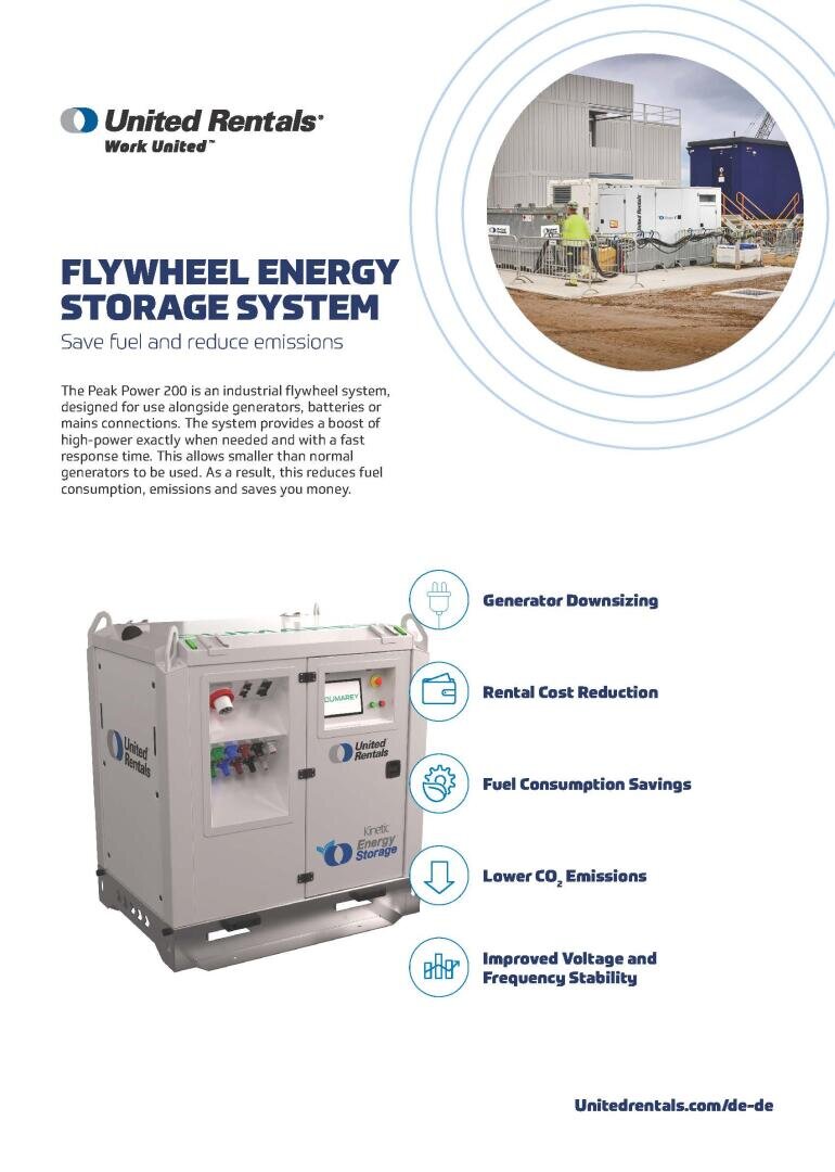 Flywheel energy storage system equipment is shown outdoors near industrial structures. Key benefits are listed, including generator downsizing, reduced fuel and CO₂, cost savings, improved voltage, and fast energy supply.