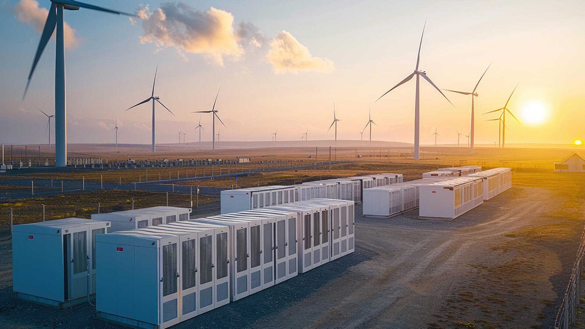 A wind farm at sunset with large wind turbines and rows of white battery storage units on the ground, representing renewable energy and energy storage solutions.
