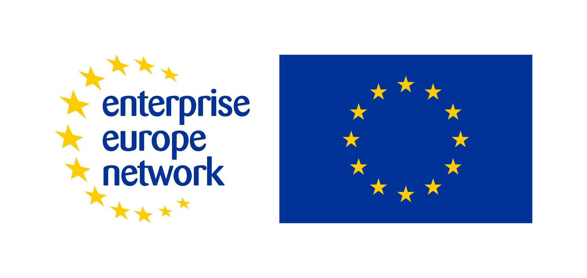 Enterprise Europe Network logo with yellow stars in a circular pattern on the left and the flag of the European Union with a circle of 12 yellow stars on a blue background on the right.