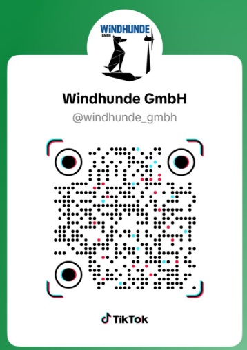 TikTok QR code for Windhunde GmbH (@windhunde_gmbh) on a green background, with the company logo showing a greyhound and pinwheels above the username.