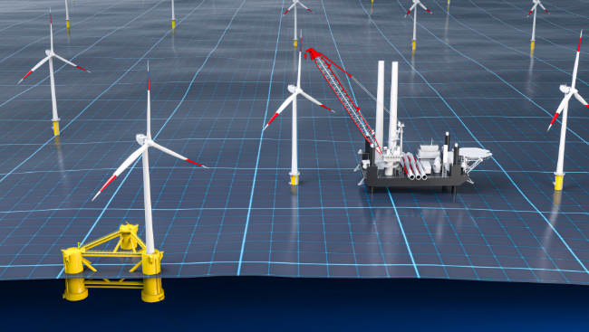 Illustration of offshore wind turbines in the sea, one with a yellow float, others attached to the seabed. A crane vessel is servicing one of the turbines. The grid overlay suggests a digital or planning concept.