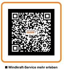 Ein schwarz-weißer QR-Code mit dem Text ANLAGENTECHNIK CLOOS in der Mitte. Unterhalb des Codes steht die Beschriftung: Windkraft-Service mehr erleben.