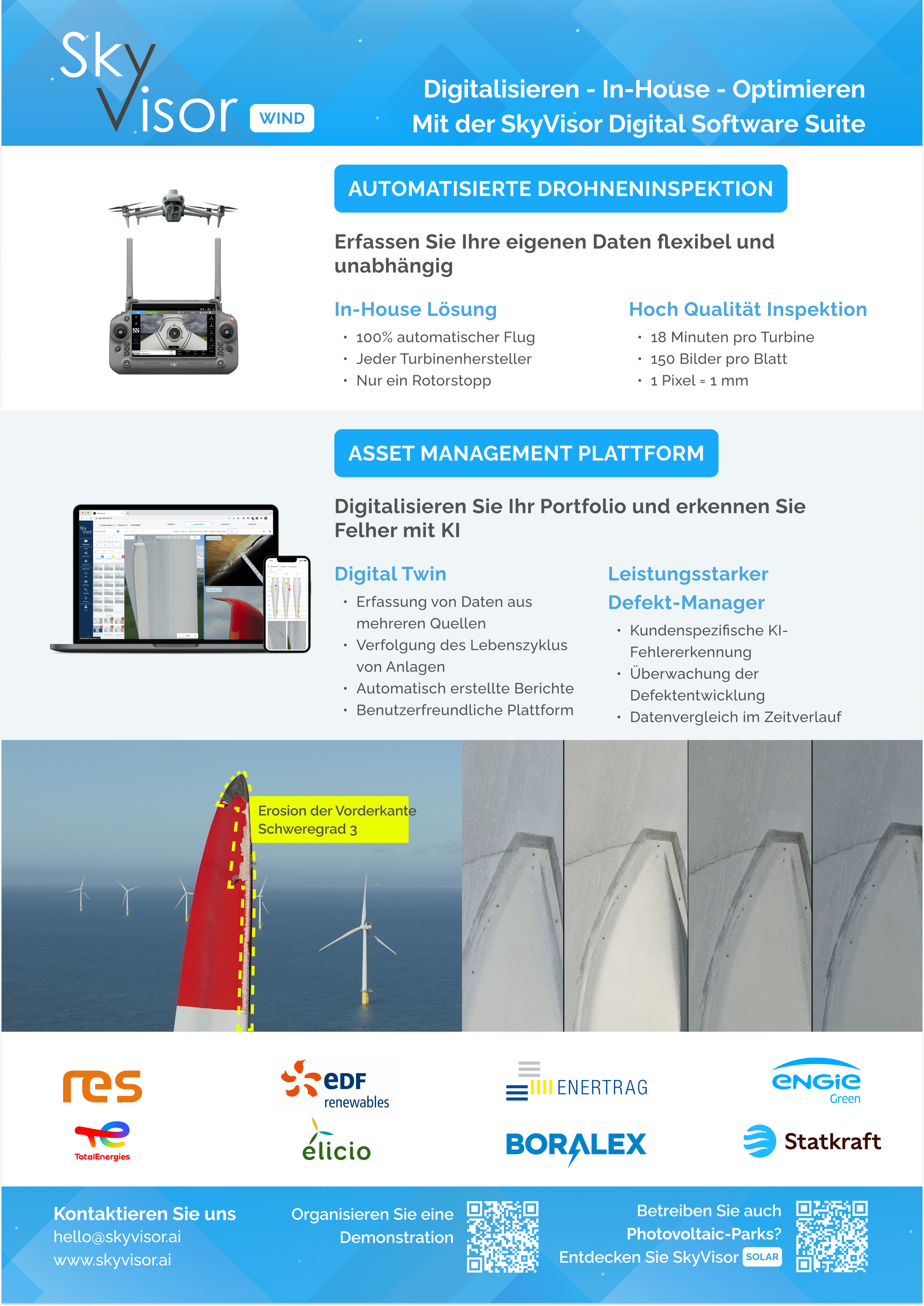 Ein Werbeflyer für die Software SkyVisor Wind, der eine Drohne, Windkraftanlagen, eine digitale Plattform und Logos von Partnerunternehmen zeigt. Der Text hebt automatisierte Drohneninspektionen und Asset-Management-Lösungen für die Windenergie hervor.