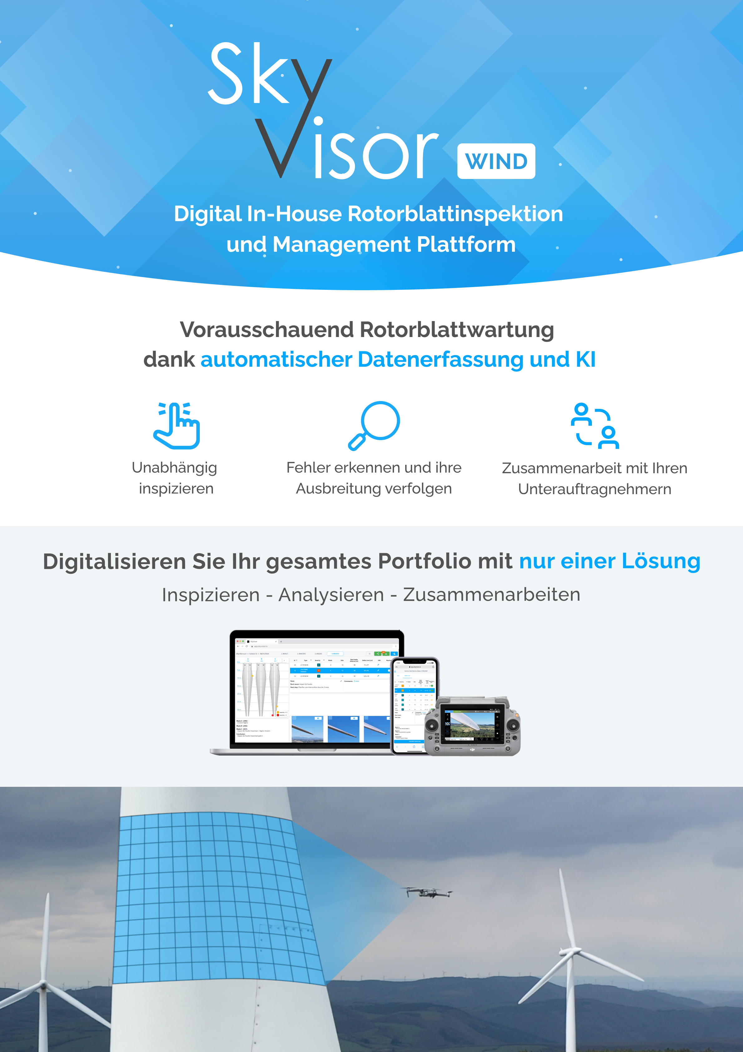 Eine Werbegrafik für SkyVisor Wind, eine digitale Plattform für die betriebsinterne Inspektion und Verwaltung von Rotorblättern, die die Funktionen für Inspektion, Analyse und Zusammenarbeit mit Bildern von Windturbinen und digitalen Geräten hervorhebt.