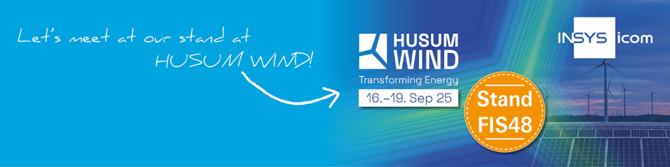 Banner, das zu einem Treffen bei HUSUM WIND einlädt, mit den Daten der Veranstaltung (16.-19. September 25), Stand FIS48, Firmenlogos (Husum Wind, INSYS icom) und Hintergrundbildern von Windturbinen und Solarzellen.