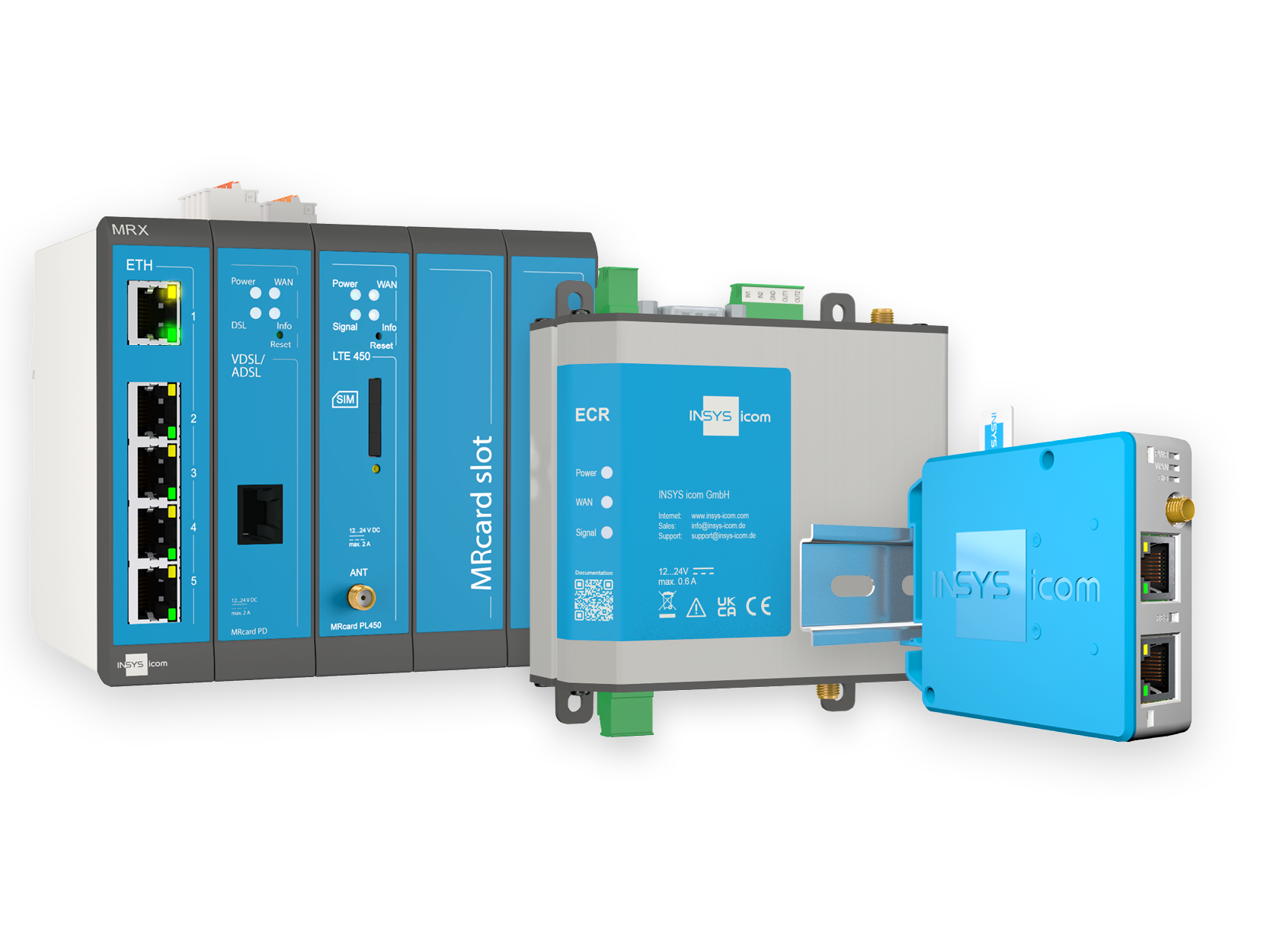 Drei blau-graue Industrienetzwerkgeräte mit mehreren Ethernet-Ports, Kontrollleuchten und Modulsteckplätzen, beschriftet mit „INSYS icom“. Die Geräte sind in unterschiedlichen Winkeln auf weißem Hintergrund positioniert.