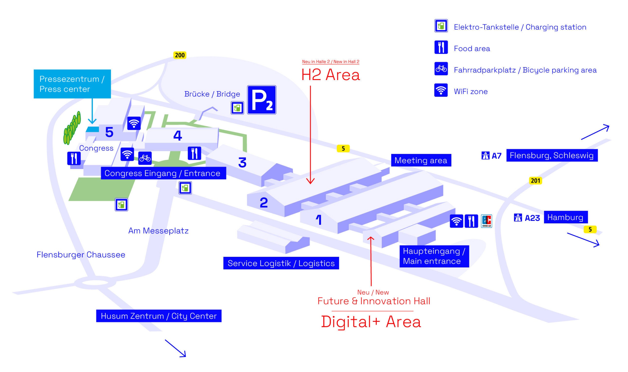 Eine Karte des Veranstaltungsortes mit beschrifteten Bereichen: Kongress, Pressezentrum, Servicelogistik, H2-Bereich, Digital+-Bereich, Haupteingänge, Parkplätze, Tagungsbereich und Anfahrtsbeschreibung nach Hamburg und Flensburg. Icons zeigen Einrichtungen an.