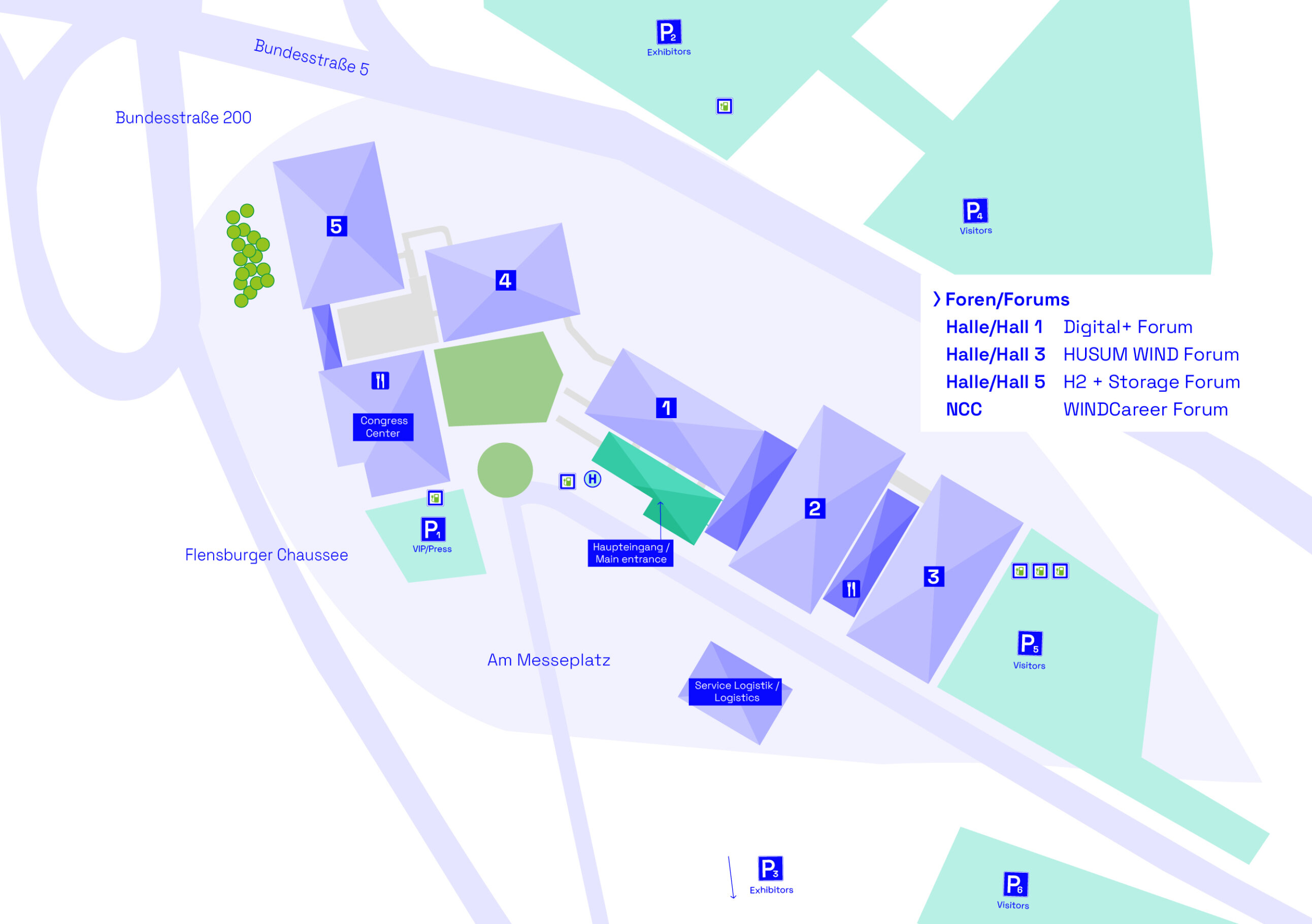 Plan of a conference center with buildings, numbered halls, parking spaces (marked "P"), entrances, forums, a logistics area and walkways. The most important forums and the location of their halls are listed in a legend on the right-hand side.