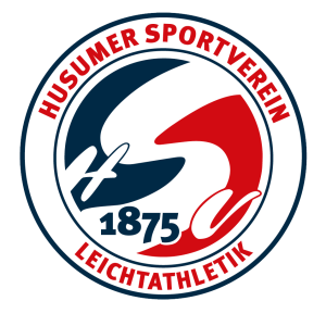 Logo of the Husumer Sportverein Leichtathletik with abstract blue and red shapes with HSV 1875 in the center, surrounded by the club name in red and blue lettering on a white, circular background.