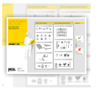 Ein Poster zur Sicherheit am Arbeitsplatz mit dem Titel Work at Height Solutions (Lösungen für Arbeiten in der Höhe) mit Illustrationen und Symbolen, die Sicherheitsausrüstung, richtige und falsche Praktiken sowie Tipps zur Risikobewertung bei Arbeiten in der Höhe zeigen.