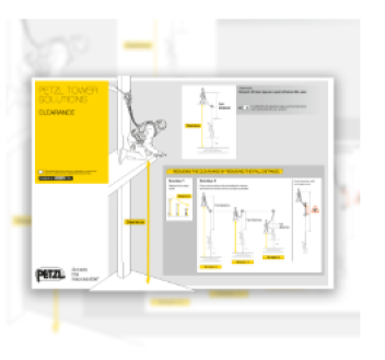 Unscharfes Instruktionsposter mit dem Titel Petzl Tower Solutions: Clearance" mit Diagrammen und gelben Markierungen, die den seilunterstützten Zugang, die Position der Arbeiter und die Absturzsicherungstechniken auf einer Turmstruktur zeigen.