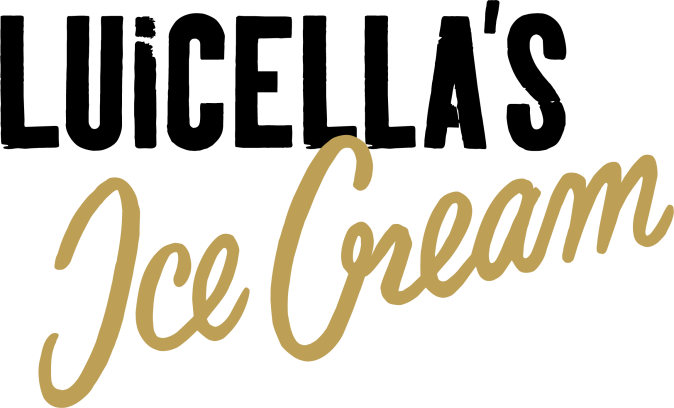Das Bild zeigt die Worte Ice Cream in einer großen, eleganten, kursiven goldenen Schrift, darüber das Wort Delicious in einer kleineren, schwarzen Großbuchstabenschrift. Der Hintergrund ist weiß und leer.