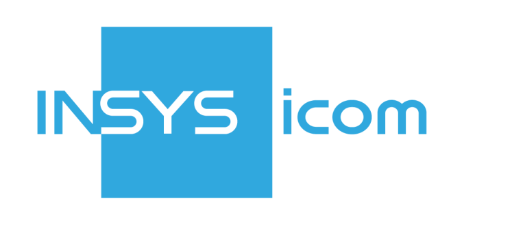 Logo with the text INSYS icom in white and light blue, with INSYS overlaid on a blue rectangle and icom in blue on a white background.