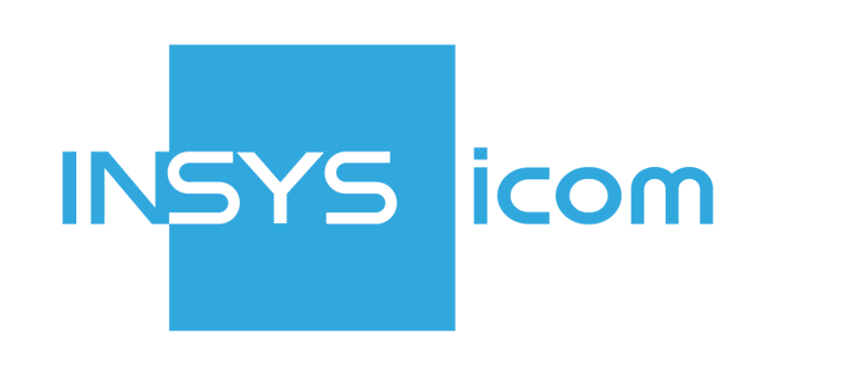 INSYS icom Logo mit INSYS in fetter weißer Schrift über einem blauen Quadrat und icom in blauem Text rechts vom Quadrat, alles auf hellgrauem Hintergrund.